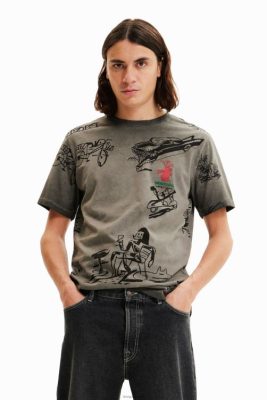 Desigual homens T-shirt de ilustração de fábrico lavado 6F4T21571