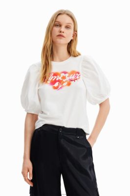 Desigual mulheres T-shirt de mensagem de manga de sopro 6F4T2298