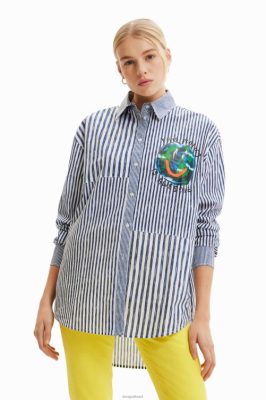 Desigual mulheres camisa de ilustração listrada de retalhos 6F4T2640