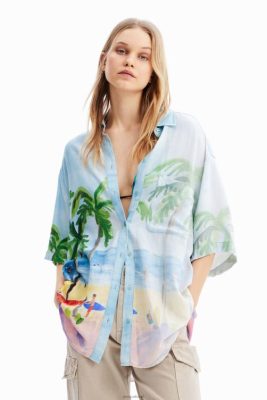 Desigual mulheres camisa de linho tropical de tamanho grande 6F4T2368
