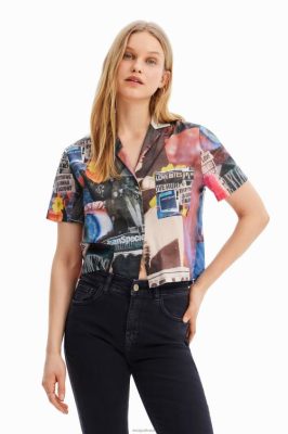 Desigual mulheres camisa de resort de jornal curta 6F4T2329
