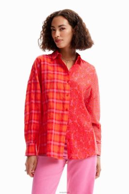 Desigual mulheres camisa xadrez de retalhos de tamanho grande 6F4T2506