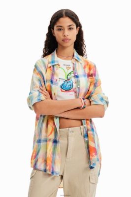 Desigual mulheres camisa xadrez de tie-dye de tamanho grande 6F4T2455