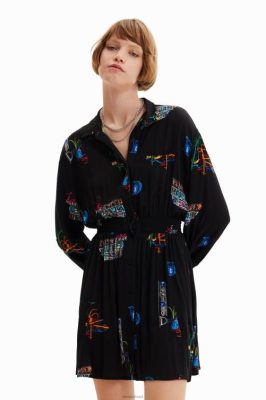 Desigual mulheres vestido de camisa de ilustração curta 6F4T2719